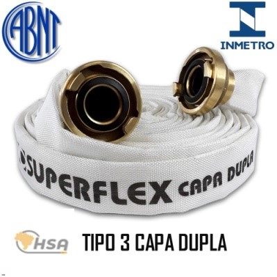 Fabricante de Mangueira de Incêndio tipo 3 capa dupla superflex branca A Mangueira de Incêndio Tipo 3 (Superflex Capa Dupla) da HSA Segurança tem pressão de trabalho de 15 Kgf/cm² e pressão de ruptura acima de 60 Kgf/cm². Disponível nos diâmetros de 1 1/2″ e 2 1/2″, com comprimentos de 15, 20, 25 e 30 metros, e engate tipo storz em latão. Fabricante de mangueira de incêndio