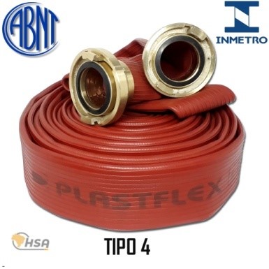 A melhor mangueira de incêndio Tipo 4 (Plastflex) Pressão de Trabalho: 14 Kgf/cm² Pressão de Ruptura: Acima de 55 Kgf/cm² Engate: Tipo storz em latão